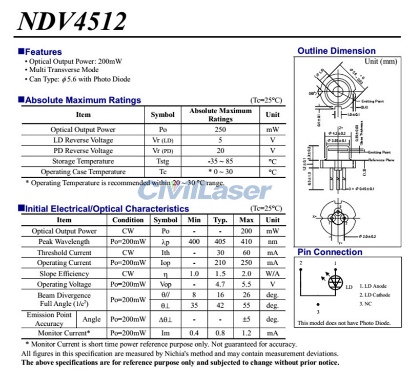 NICHIA 405nm 200mw NDV4512 blue violet ليزر ديود