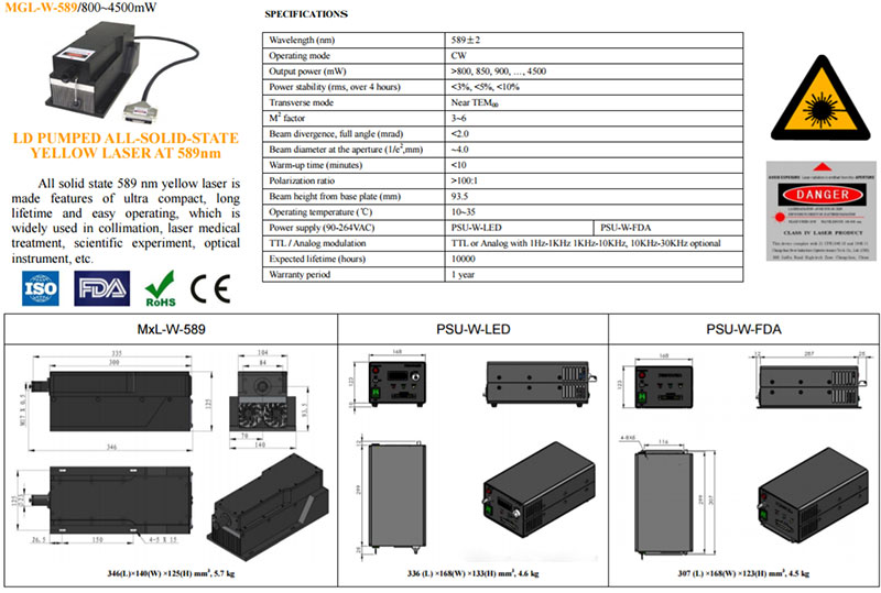 589nm 3500mw ليزر DPSS with TEM00 mode high power stability