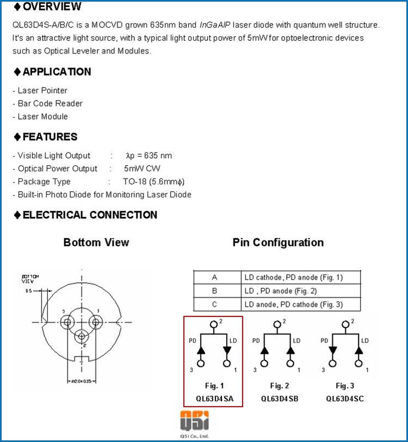 QL63I5S-A/B/C ليزر ديود QSI 635nm 30mW وحدة الليزر الأحمر Diode TO-18 5.6mm
